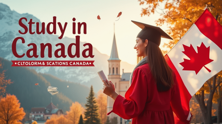 Scholarships Canada 2025 – Female international student in graduation gown holding Canadian flag and books